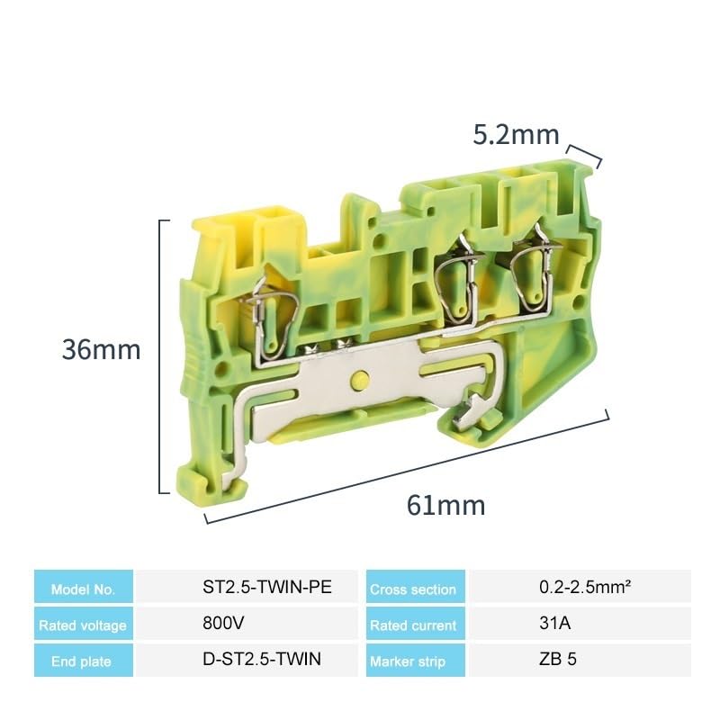 ST2.5-TW-PE Din Rail Ground Wire Connector for 2.5mm² 3 Connections Spring Terminal Block 5Pcs(5 Pcs)