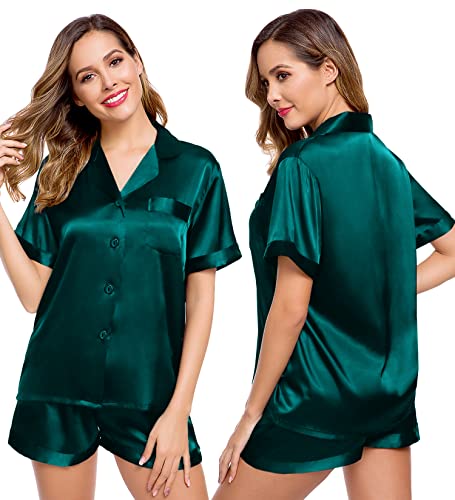 Image of LecGee Womens Silk Satin Pajamas Short Sleeve Loungewear Two-Piece Sleepwear Button-Down Pj Set