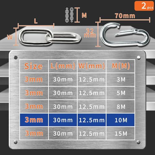Mbsomnus 10 Metre Heavy Duty Chain 3 mm Galvanized Chain Links Metal Chain Steel Chain Extra Strong Welded Link with Carabiner Thick Chain for Gate Padlock Fence Gate Swing Hanging Chain Bike Cycle - Image 2