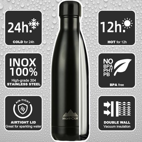 Mont-Clair l'O Stainless Steel Water Bottle, Vacuum Insulated - BPA Free, 12h Hot & 24h Cold Drinks, Metal Water Bottle 500ML Leakproof, Ideal for Adult, Kids, Running - Black - Image 3