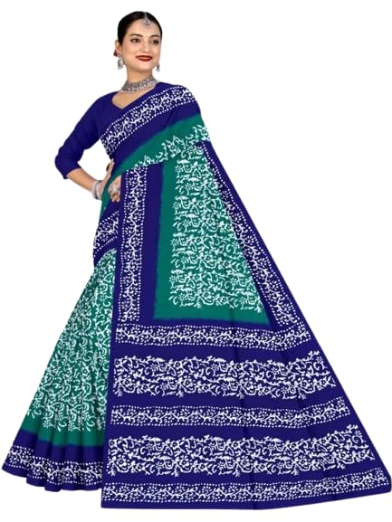 Women's Batik Print Cotton Saree with Blouse Piece | Blue & Green Traditional Indian Ethnic Wear Saree | Soft Cotton Printed Saree for Women-picture-48