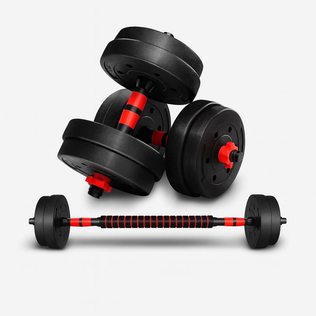 Adjustable Dumbbell Barbell Set 10–50kg – All-in-One Weight Lifting Fitness Equipment with Connecting Rod, Anti-Slip Bars & Spin Collars for Home Gym Strength Training (Red, 50KG)
