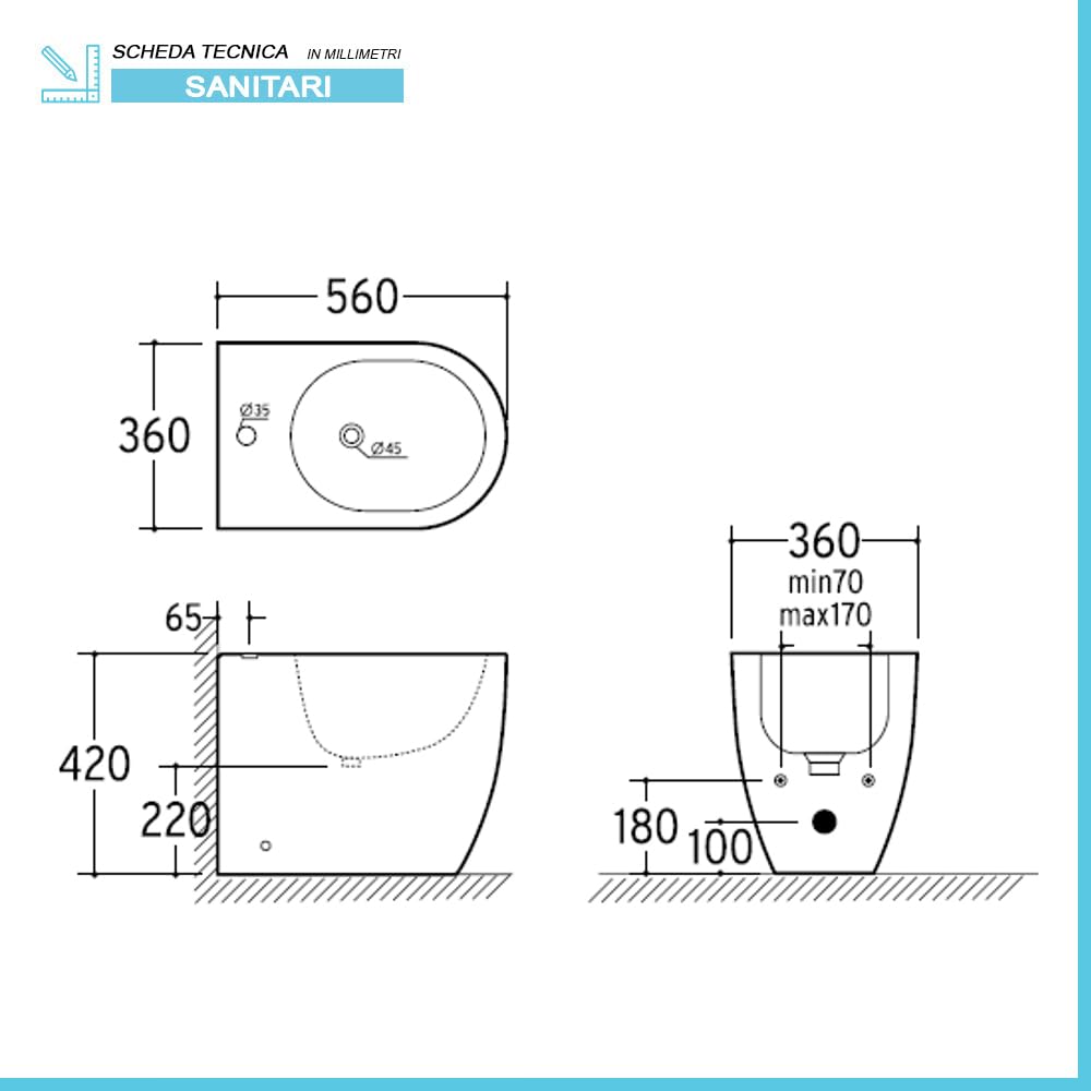 Sanitari filomuro in ceramica bianco lucido con brida e scarico traslato a parete o pavimento, sedile originale soft-close con sgancio rapido, linea FLAN