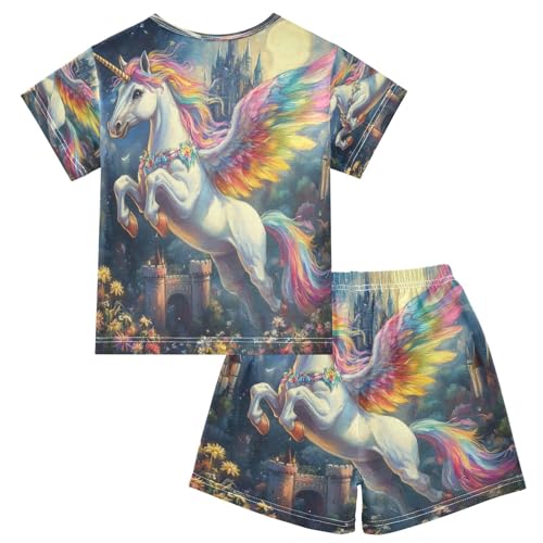 ALAZA Unicorn Flower Blossom Castle Pajamas Set Short Sleeve Cotton Sleepwear Summer Pjs 2 Piece 5-14Y2