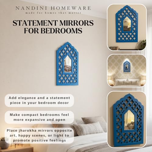 Image of Nandni Homeware Handcrafted Traditional Wooden Jharokha Wall Art with Mirror Work | Boho Vintage Style Decorative Wall Hanging for Living Room, Bedroom & Home Interiors (Blue Mughal)