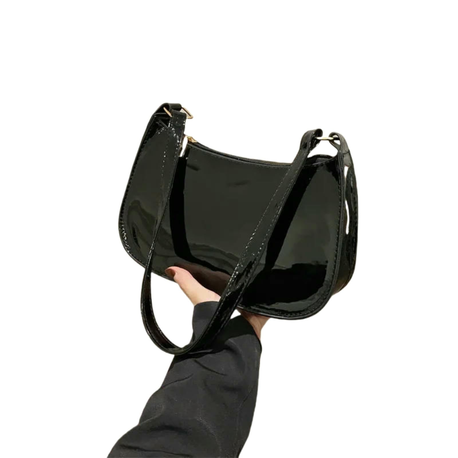 Gyios Women's Black Bag Retro Solid Color Pu Vintage Patent Leather Shoulder Fashion Handbags Casual Designer Underarm Bag