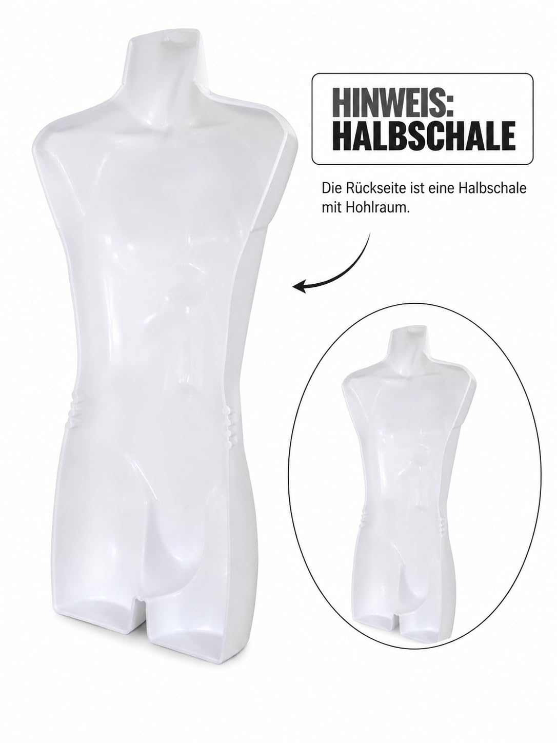 2er Set Torso männlich - Herrentorso lebensecht aus Kunststoff - Oberkörper Halbplastik in Farbe Weiß - Mannequin Büste - Halbschale Herrenbody - Schaufensterpuppe mit Haken - 2 Stück Dekotorso
