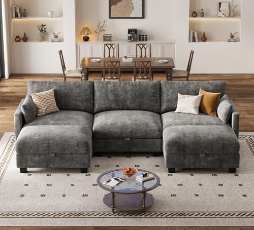 Image of Modular Sectional Sofa, 101 inch U Shaped Couch with Storage | High Resilience Foam, 22 inch Seat Depth, Movable Ottoman, Comfy Chenille, Easy Assembly, Dark Gray