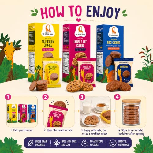 Image of The Growing Giraffe 3-Flavour Cookie Combo - Multigrain, Honey Oat with Cacao Nibs, Ragi, No Maida, No palm oil, Nut-Free, Healthy Biscuits with jaggery and butter for Kids & Grown-Up Adults - Pack of 3