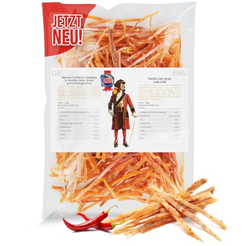 Pazifischer Kabeljau Pikant 1kg - Fisch Jerky I High Protein I Snacks I Trockenfisch Omega 3 I Beef Jerky , Trockenfleisch & Chips Alternative Keto