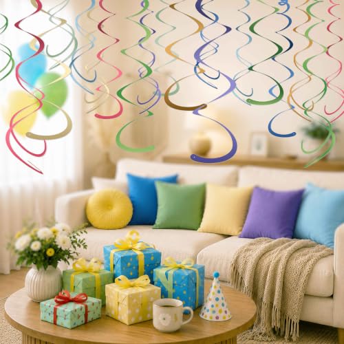 Image of HonuGoGo Boho Party Decorations, 48 Pc Retro Paper Hanging Swirls | Vintage Neutral Tone Paper Streamers with Hooks for Birthday, Baby Shower, Wedding, Brunch, Classroom & Home Celebrations
