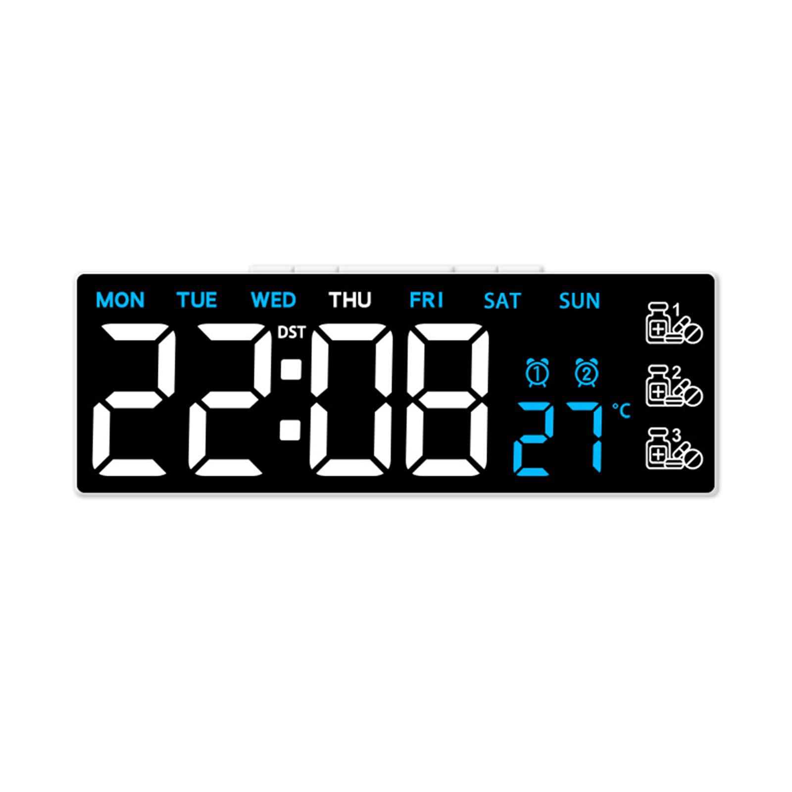 Tsophreniq Multifunctional Digital LED Clock Medication Reminder Device with 2 Alarm and Temperature Display Brightness Modern LED Digital Alarm Clock with Pills Reminder and Brightness