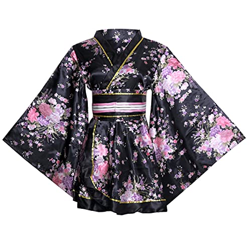 Image of HUAHUA Women's Sexy Short Kimono Dress Floral Print Japanese Traditional Geisha Robe Bathrobe Skirt Belt Outfit