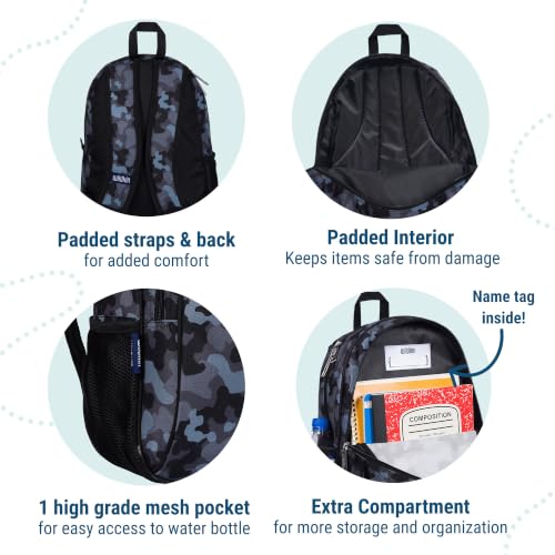 Image of Wildkin 15 Inch Backpack for Kids, Black Camo | Ages 5-10, padded straps, side water bottle pocket - coordinates with matching Wildkin lunch boxes and water bottles