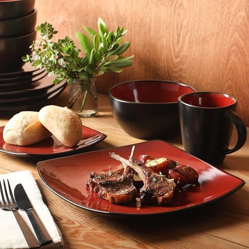 Gibson Elite Soho Lounge Square 16-Piece Dinnerware Set, Service for 4, Reactive Glaze Stoneware Plates and Bowls, Modern Dishes, Microwave & Dishwasher Safe – Red and Black — view 5