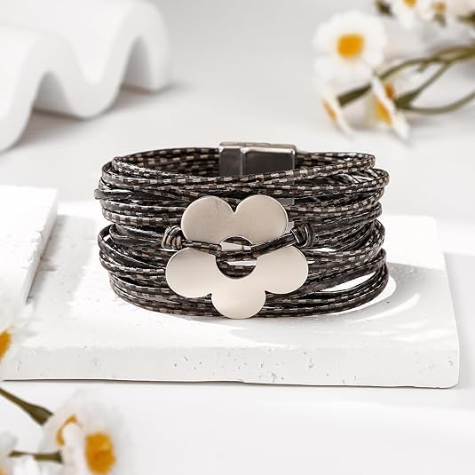 Flower Charm Wrap PU Leather Bracelet for Women Lady Handmade Bohemian Bracelets Jewelry Gifts for Women - Image 3