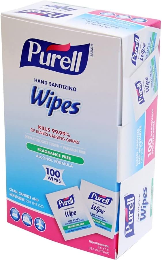 Purell Premoistened Sanitizing Hand Wipes,Fragrance Free, 100/Box
