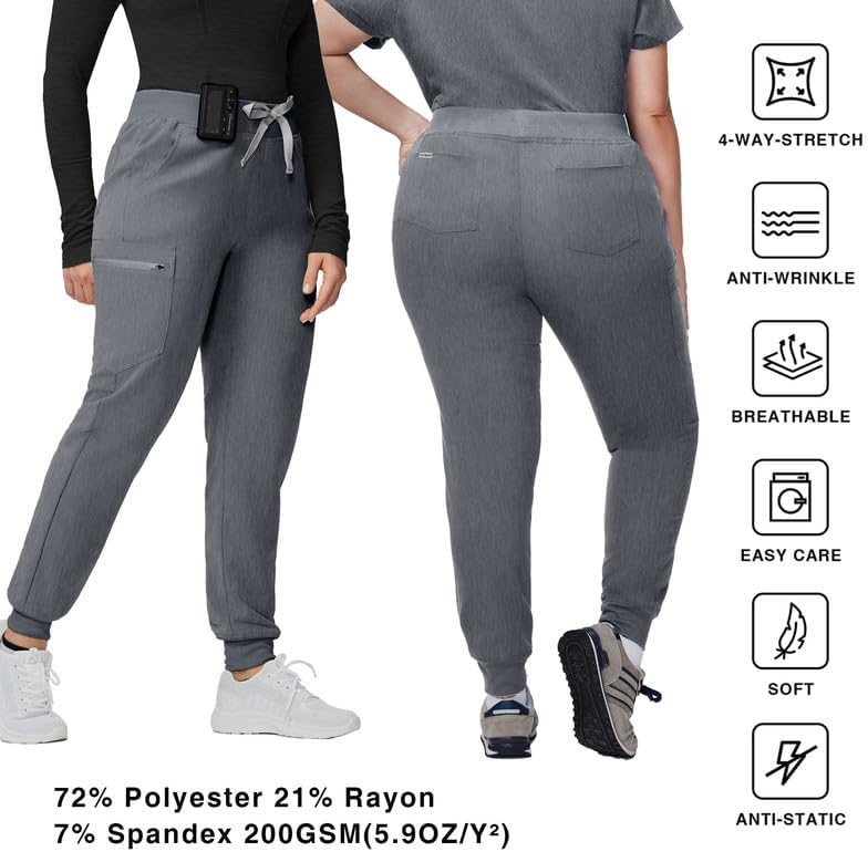 Kitmaz Scrub Pants for Women - Mid Rise 4-Way Stretch Anti-Wrinkle Slim Fit Jogger Pants, Drawstring & 5 Pockets