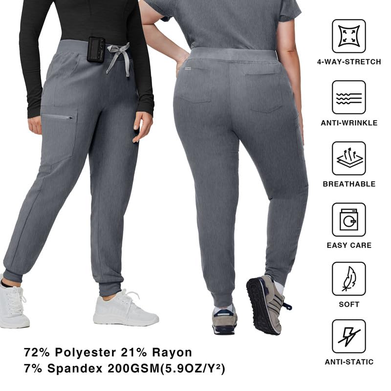 Image of Kitmaz Scrub Pants for Women - Mid Rise 4-Way Stretch Anti-Wrinkle Slim Fit Jogger Pants, Drawstring & 5 Pockets