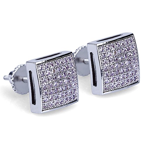 TOPGRILLZ 925 Sterling Silver Square Screw Stud Earrings 14K Gold Plated 5A+ Cubic Zirconia Iced Out Square Screw Back Hypoallergenic Cube Large Stud Earrings For Men Women