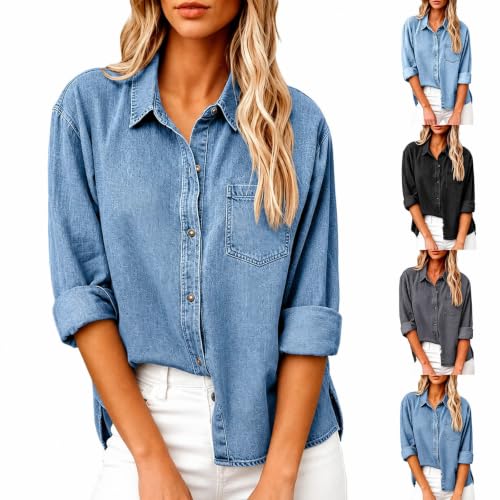 Denim Shirt Women Button Down Collared Jean Shirt Long Sleeve Denim Blouse - image 1