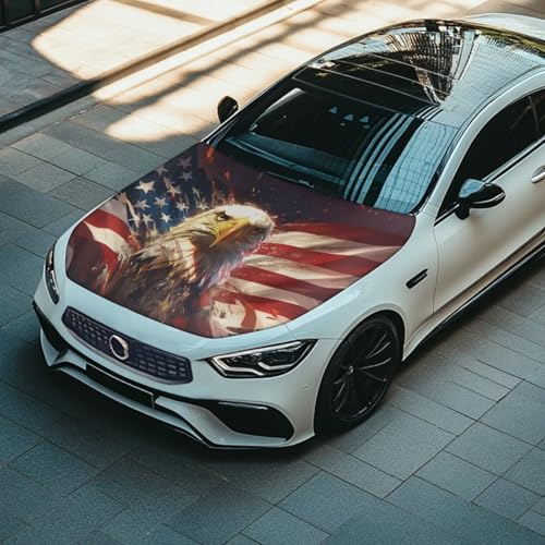 Image of Car Hood Cover, Eagle and American Flag Auto Hood Wrap Blankets Stretchable Automotive Exterior Accessories for Compact Sedans SUVs Trucks