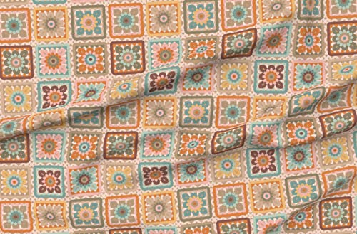 Spoonflower Fabric - Vintage Pastel Floral Granny Square Hygge Crochet Faux Pink Blue Beige Printed on Satin Fabric by The Yard - Sewing Lining Apparel Fashion Blankets Decor