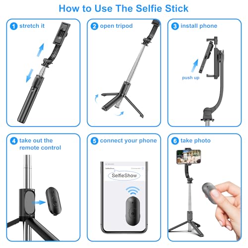 SelfieShow Selfie Stick Stativ, Erweiterbar Selfie-Stange mit Kabelloser Fernbedienung Tragbar Monopod Handyhalter Kompatibel mit iPhone 17/16/15/14/13/12/11 Pro/XS Max/XS/Samsung/Huawei Smartphones 6