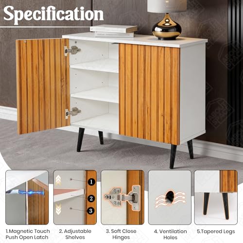 Image of ABOUT SPACE 3 Tier Shoe Rack with Door | Press Open 2 Door Engineered Wood Shoe Stand for Home | Smooth Non-Fluted-Effect Adjustable Shelf Raised Legs 9-12 Pair Shoes Storage Cabinet |White & Teak