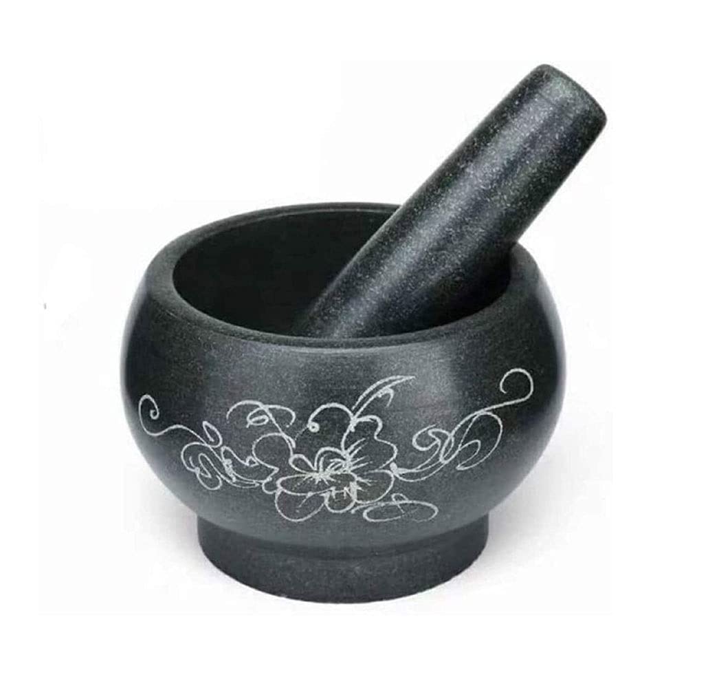 Mortero Manchado y pestillo Set-2 Capacidad de Taza, Granito Pesado Antideslizante, Maja Grande, Negro