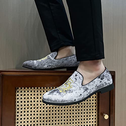 Image of FLQL Men's Luxury Velvet Penny Loafers Shoes Embroidery Suede Dress Loafers Daily Boats Shoes for Party Wedding Prom Size 7-13