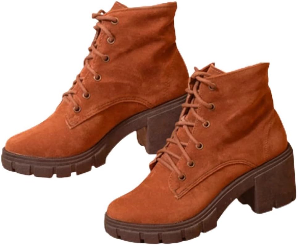 Bota Feminina Coturno De Salto Camurça Caramelo Sola Tratorada Antiderrapante Confortável Passeios Trabalho Ocasiões Casuais
