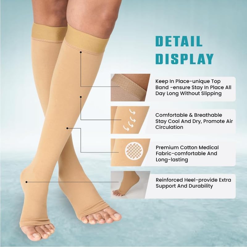 Fowlnest Medical Cotton Back Stitched Compression Stockings For Varicose Veins | Knee Length DVT Stocking Class II (23-32 Mm Hg) Stockings For Women & Men | Beige, 1 Pair, XL 1