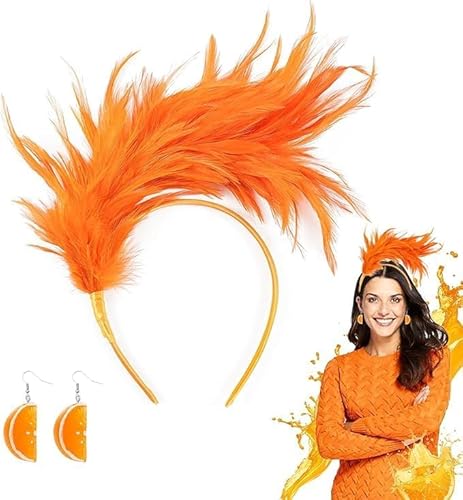 WWISTOA Faixa de cabeça laranja para fantasia de mulher, acessório de cabelo com brincos laranjas, acessório para o cabelo, toucado de penas, moda para carnaval, fantasia de frutas