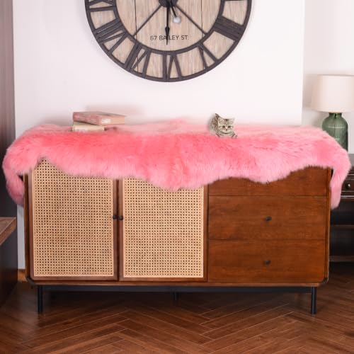 Premium Genuine Fur Sheepskin Rug Real Australia Sheepskin Natural Luxury Fluffy Lambskin Fur Area Rug Seat Covers for Kids Bedroom Sofa Chair Cover (Pink, Double Pelt/2ft x 6ft)