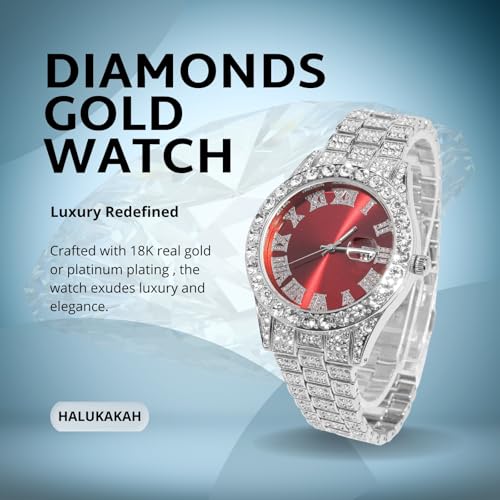 Image of Halukakah Diamonds Gold Watch Iced Out for Boy Teens Kids - 18K Real Gold /Platinum Plated,42mm Blue /Green /Red Dial,Japanese Quartz - 8 inch Length - Optional with Cuban Link Chain,with Watch Adjuster Tool