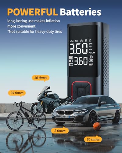 Image of Powools Cordless Tire Inflator 150PSI Portable Air Compressor with Auto Shutoff, Air Pump for Car Tires, Motorcycle, Bike, Balls, Inflatables, LED Light, Red, Standard Capacity