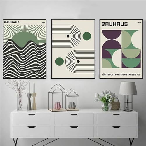 KemneT Bauhaus Groen Zwarte Lijn Geometrische Canvas Schilderij Posters Prints Nordic Boho Wall Art Foto Woonkamer Interieur Woondecoratie 50 x 70 cm x 3 Niet ingelijst - Afbeelding 3