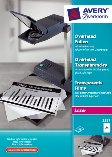 Avery Zweckform 3551 Overhead-Folien, DIN A4, spezialbeschichtet, stapelverarbeitbar, mit seitenverleimtem Unterpapier, 100 Blatt