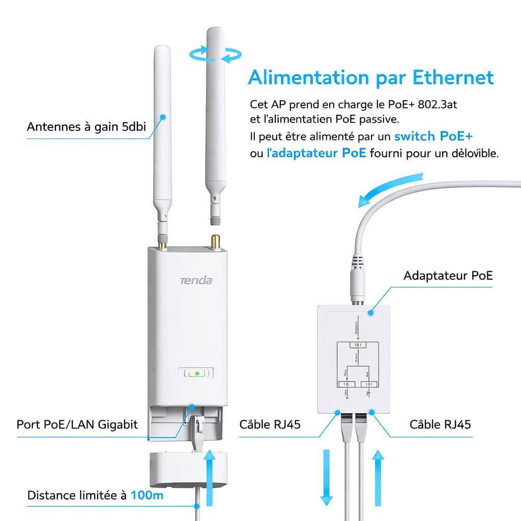 Tenda AX3000 Outdoor WiFi 6 Access Point Double Bande (1 Port Gigabit, WPA3, VLAN, Gestion Locale Et Cloud, Roaming Transparent, PoE+ 802.3at / PoE Passif) (OAP3000)
