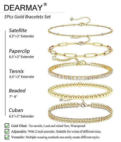 Image of DEARMAY Gold Bracelets for Women Waterproof Stackable Dainty 14K Gold Plated Rope Cuban Snake Paperclip Figaro Link Chain Pack Bracelet Adjustable Non Tarnish Fashion Accessories Jewelry Sets Gifts for Womens Mom