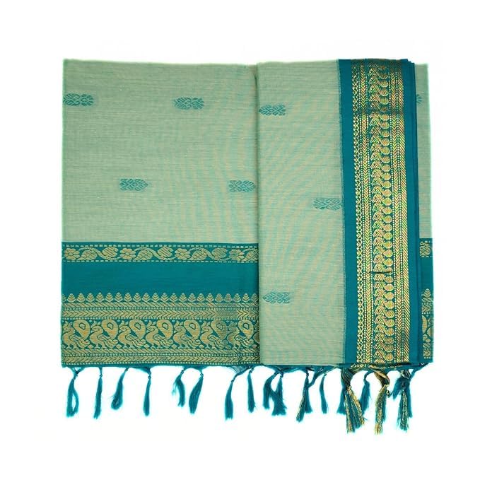 pista color Kalyani Cotton Saree | Zari Border & Blouse Piece – Lata Gadwal Design-picture-26