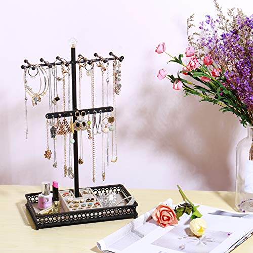 Minggoo Jewelry Tree Stand Organizer 3in1 Necklace Organizer Display Bracelet Earrings and Ring Tray Jewelry Holder Hanger Metal Black