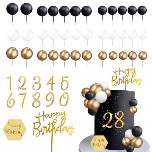 48 PCS Décorations de Gâteau Boules, Decoration Gateau Anniversaire Noir Blanc Or, Boho Cake Topper, Décoration Gateau de Numérotés 0-9, pour Soirées à...