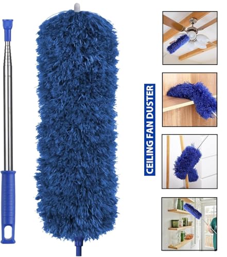 Image of 2 in 1 Long Handle Microfiber Feather Ceiling Duster for Dust Cleaning with extendable Pole 30-100 Inch with Anti Scratch Bendable Head for Cleaning High Cobweb Stick high Ceiling Fan Mop