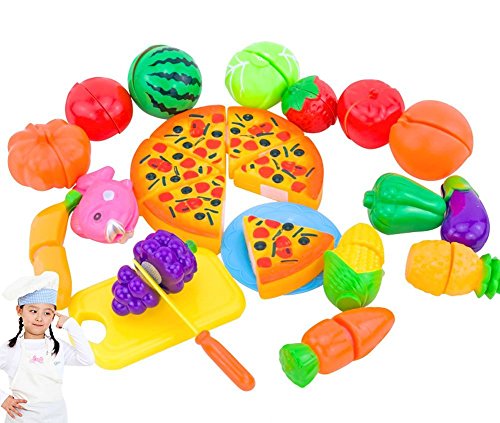NIWWIN 24 PCS Spiel Essen Set für Kinder Kunststoff Schneiden Pizza Obst und Gemüse vorgeben Spielen Set