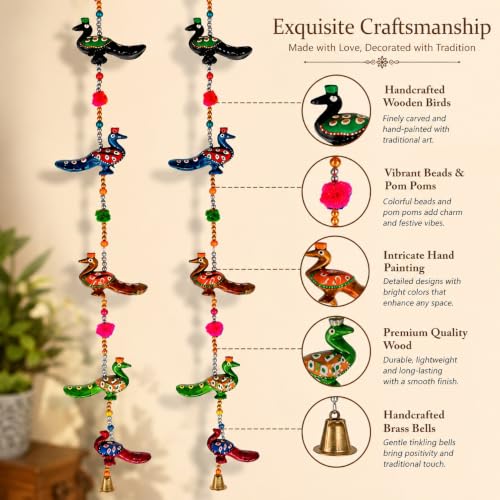 Image of Bindian Handcrafted Rajasthani Wind Chime with Bells, Multicolour, 72x23 cm, Traditional Wall Hanging for Home, Garden & Balcony (Peacock Pack of 2)