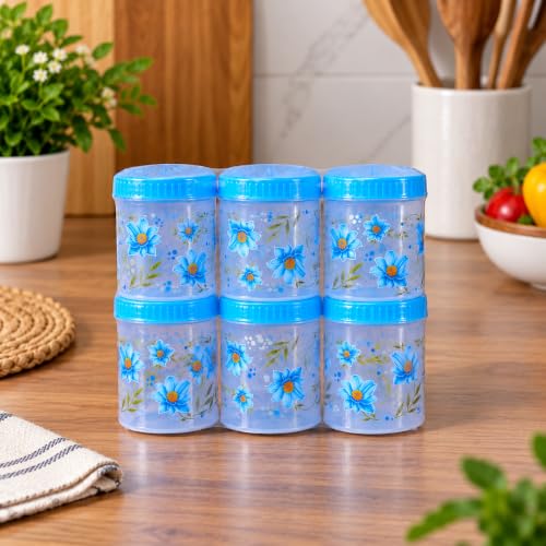 Image of Kitchen Storage Containers Set of 6 with Blue Lids & Spoons, Multipurpose Plastic Airtight Storage Jars for Spices, Pulses, Dry Fruits, Snacks & Kitchen Organization