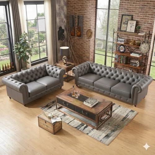Image of Modern Classic Design Leatherette Luxury Chester Sofa Set with Button Tufted, 3+2=5 Seater Sofa for Living Room Home, Office and Lobby (Grey, 3+2=5 Seater Sofa)
