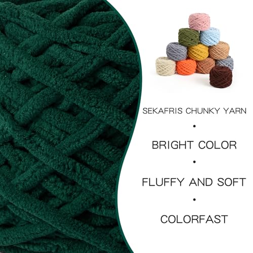 Image of 3 Pack Fluffy Chenille Chunky Yarn for Crocheting 100g(65.6yd) - Baby Yarn for Crocheting Soft - Velvet Yarns for Crochet Blanket - Amigurumi Crochet Yarns (Dark Green)